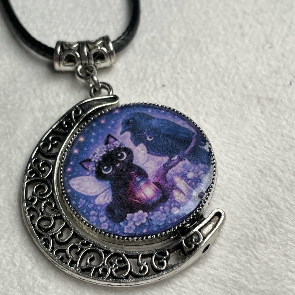 Double Black Cat Double Sided Moon Pendant - Gothic Witchy Jewelry -Artisan - Picture 10 of 16